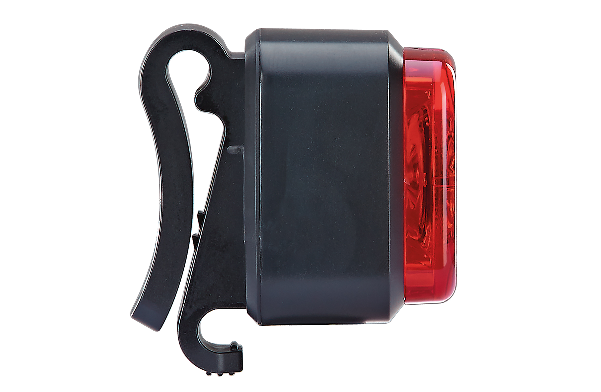 Schwarzes Fahrradlicht mit roter Linse. Es hat einen Clip zum Befestigen an Kleidung oder einer Tasche.