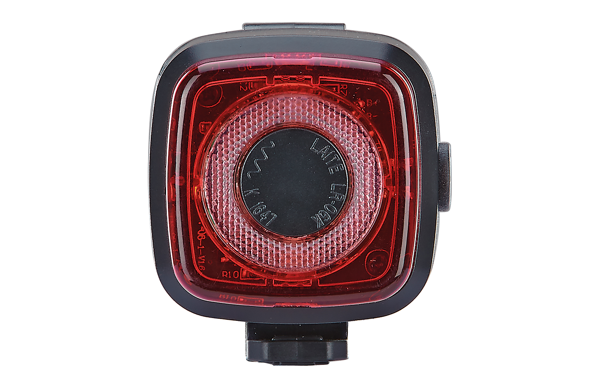Ein rotes Fahrrad-Rücklicht. Schwarzes Gehäuse und ein weißer Hintergrund.