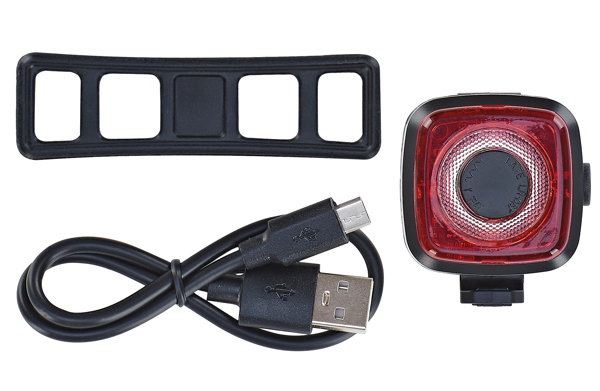 Fahrrad-Rücklicht-Set mit Gurt und USB-Kabel. Das Licht ist rot und quadratisch.