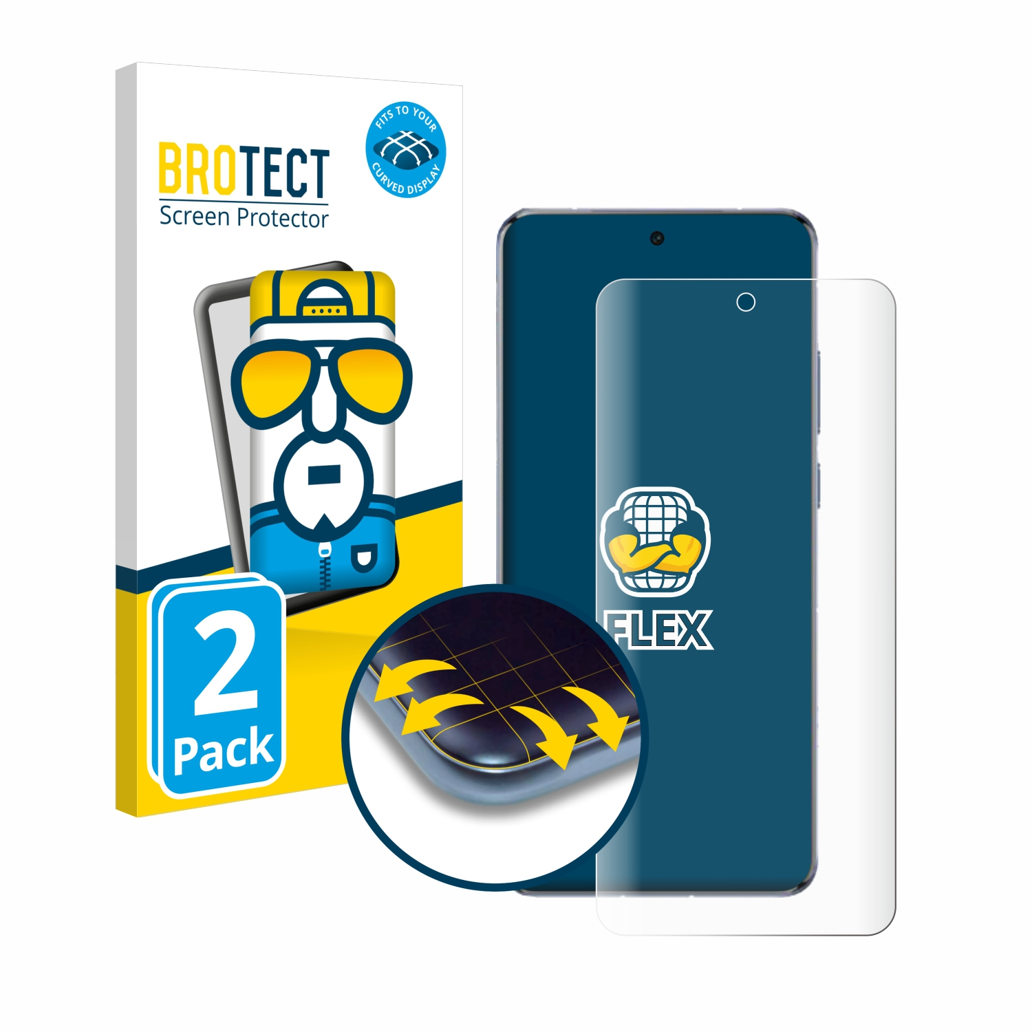 Displayschutzfolienverpackung und ein Telefon. Der Schutz ist flexibel, hat einen blauen Hintergrund und passt sich an.