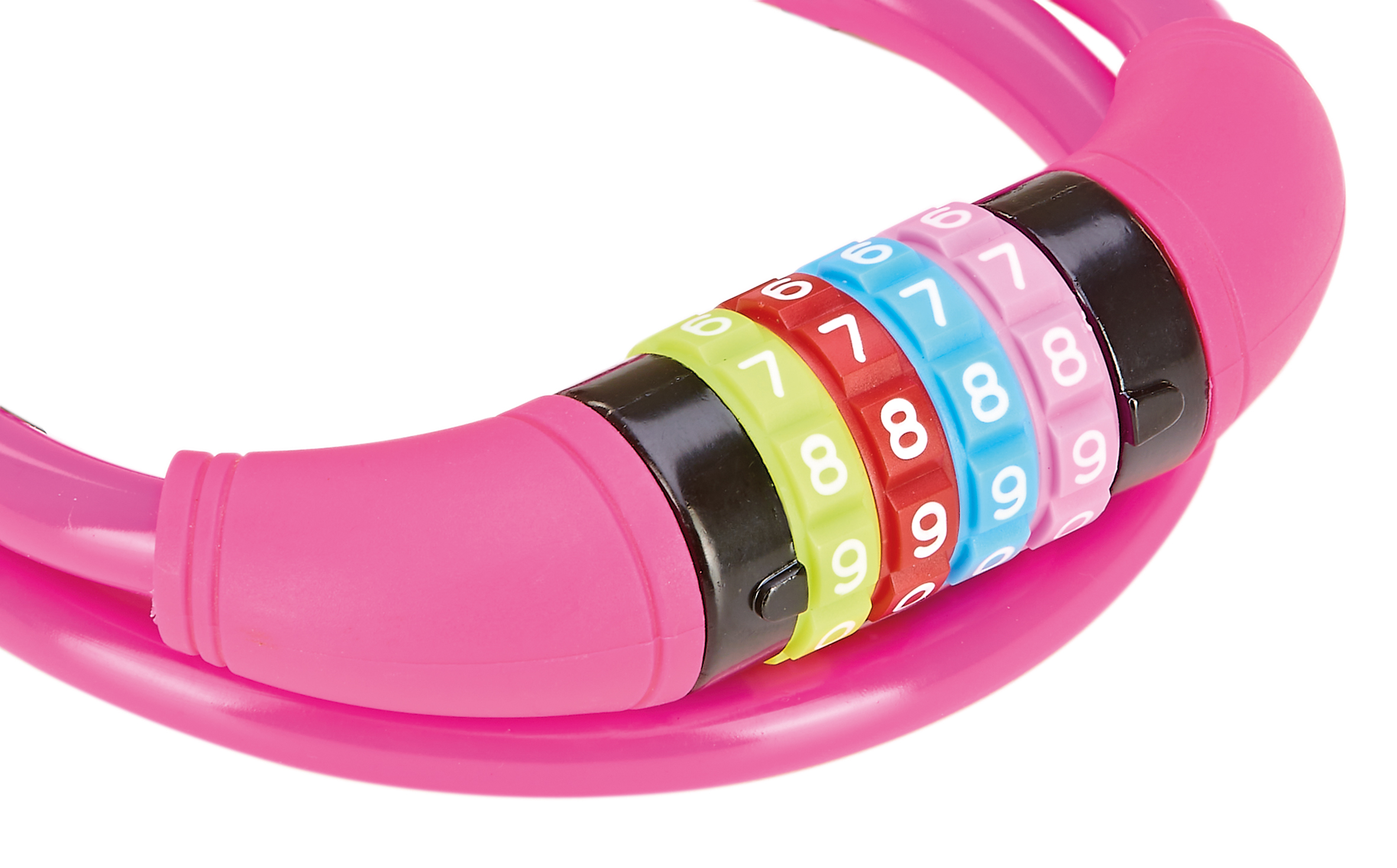 Ein pinkfarbenes Fahrradschloss mit einem nummerierten Zifferblatt, das den Sicherheitscode zeigt.