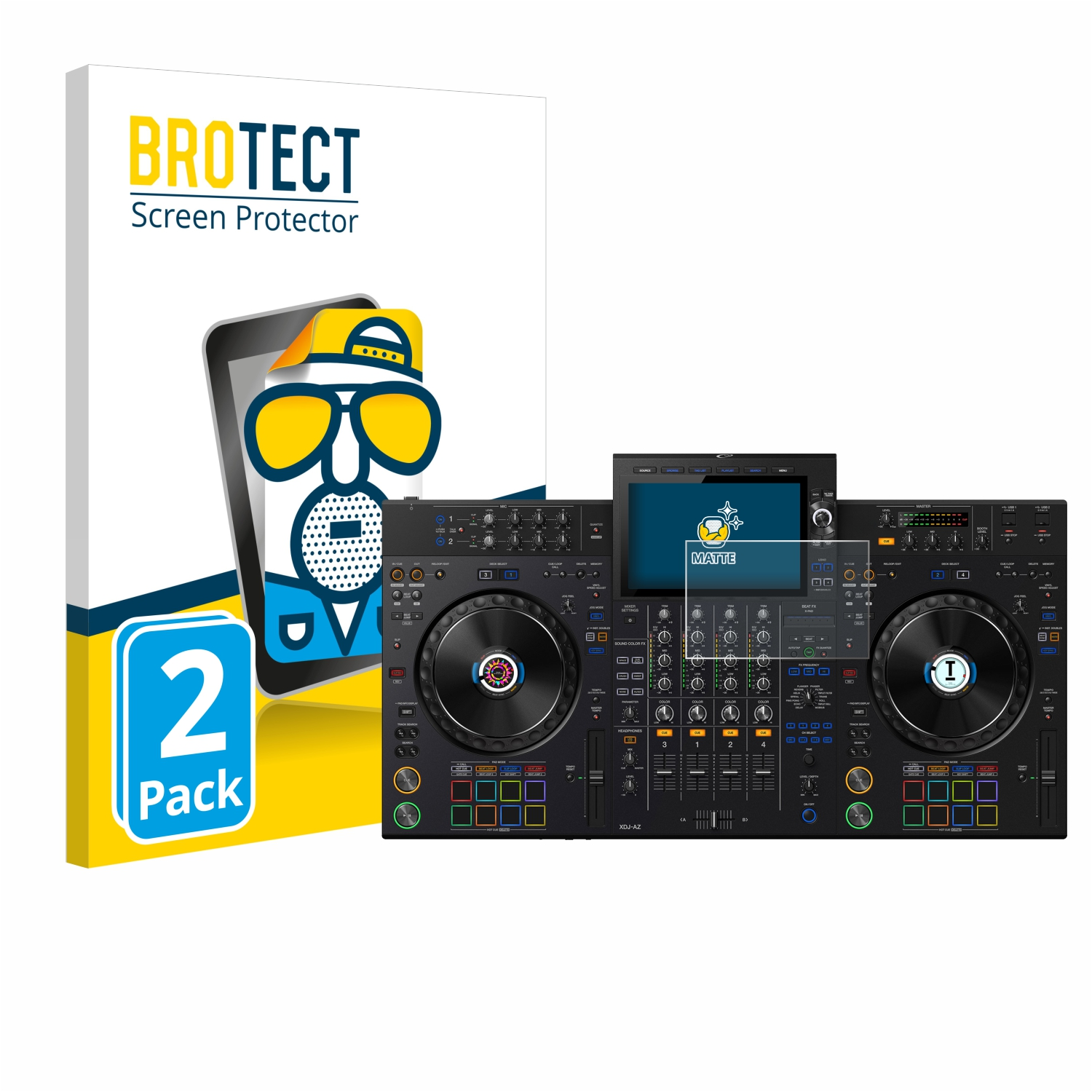 Zwei DJ-Decks mit einer Displayschutzfolienbox. Die Decks sind schwarz mit silbernen Akzenten.