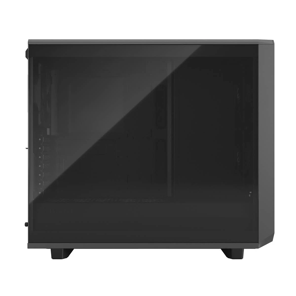 A black computer case with a glass side panel, showing internal components.