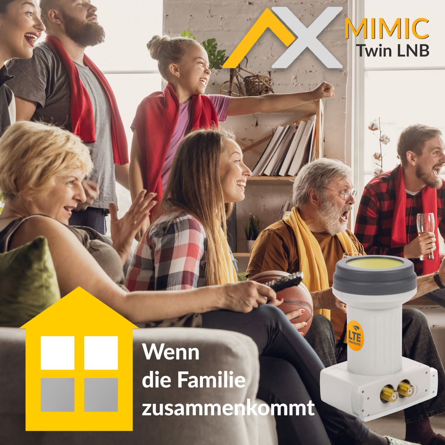 Eine Familie schaut fern, mit einem Satellitenschüssel-Logo und Text: Wenn die Familie zusammenkommt.