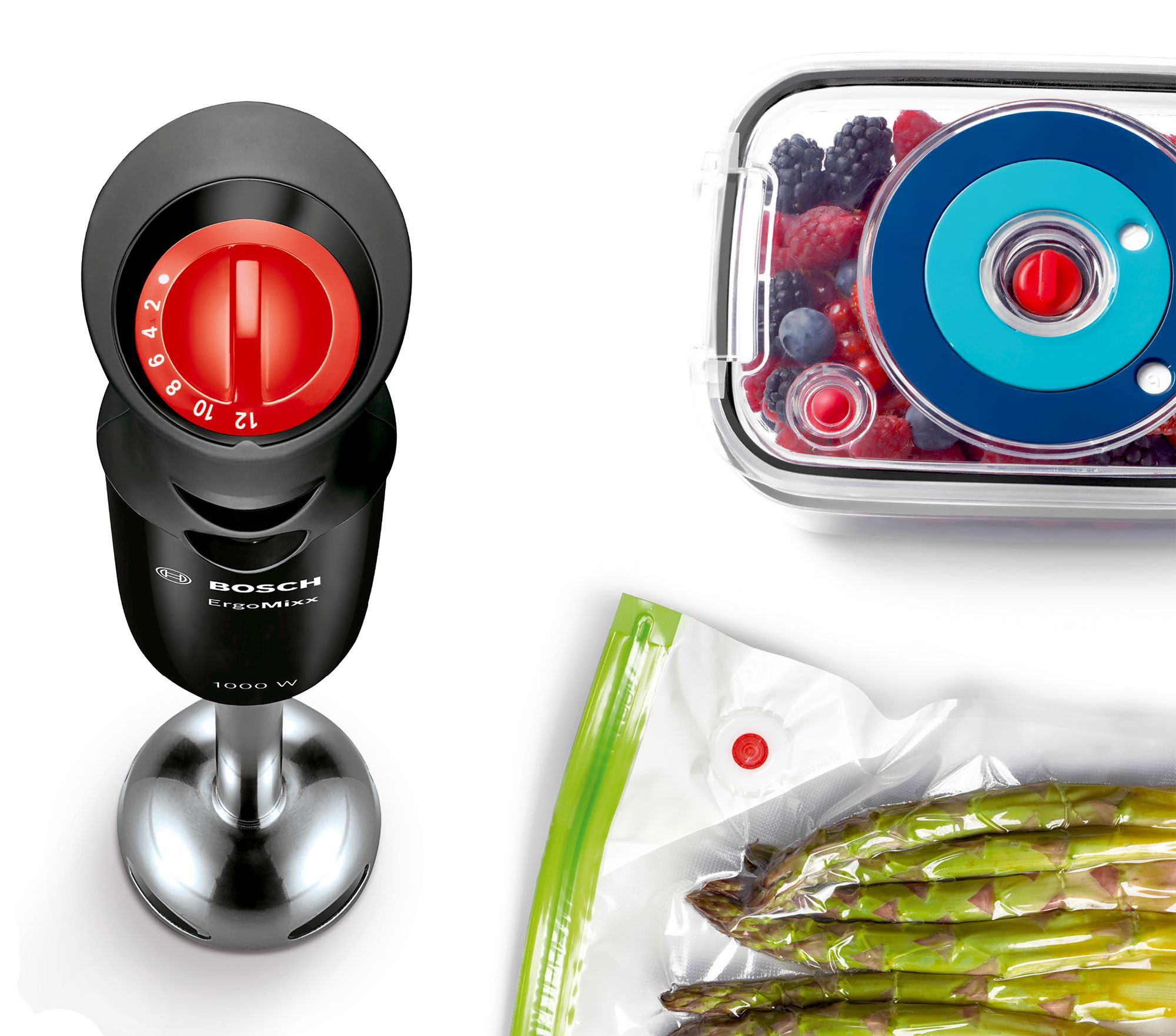 Bosch ErgoMixx staafmixer met accessoires: vacuümcontainer en vacuümzak met asperges.