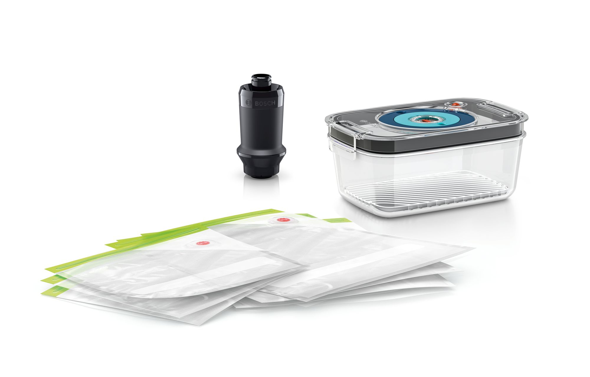 Vacuümmachine met zakken en een aparte vacuümpomp.