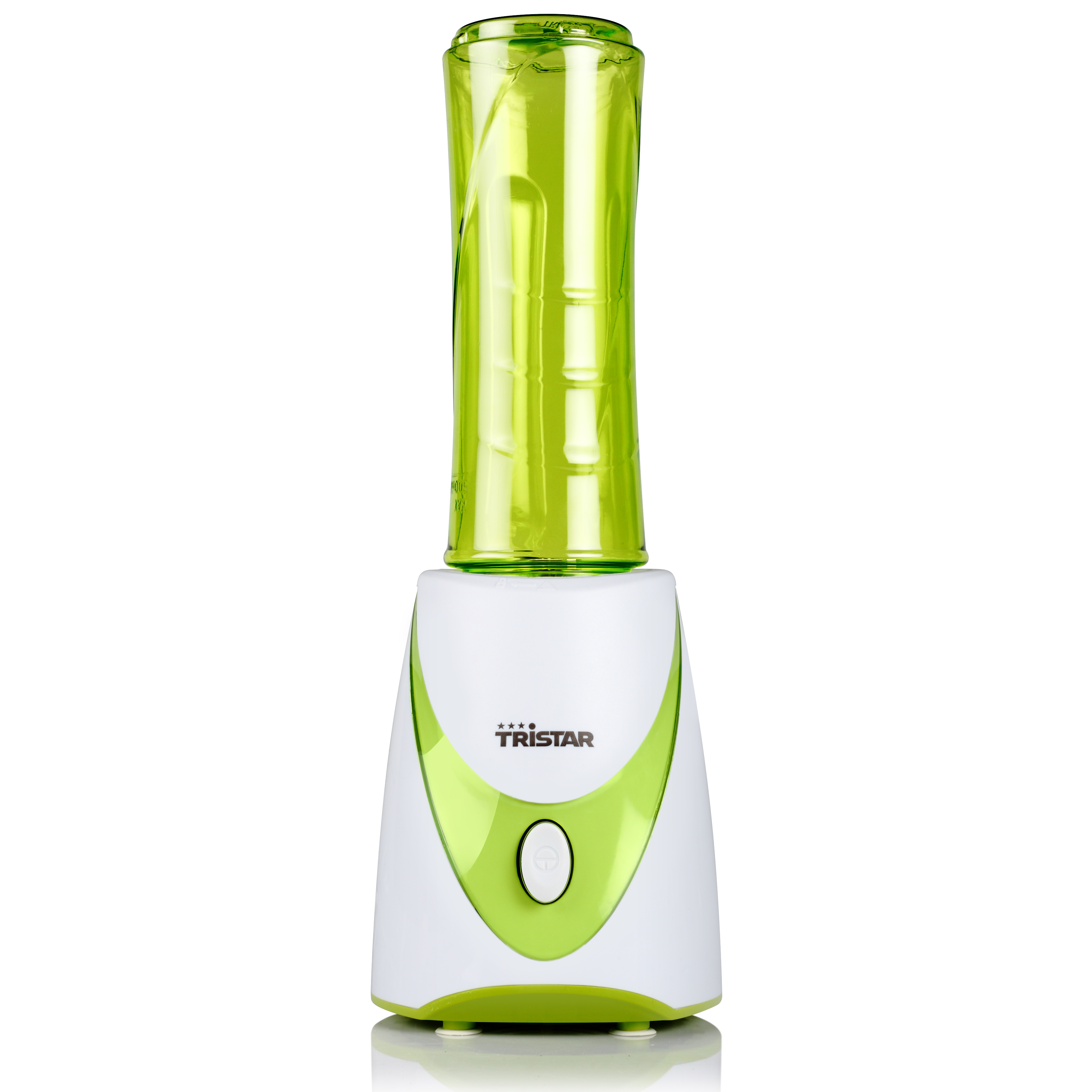 Un frullatore bianco e verde. Ha un contenitore verde sopra.