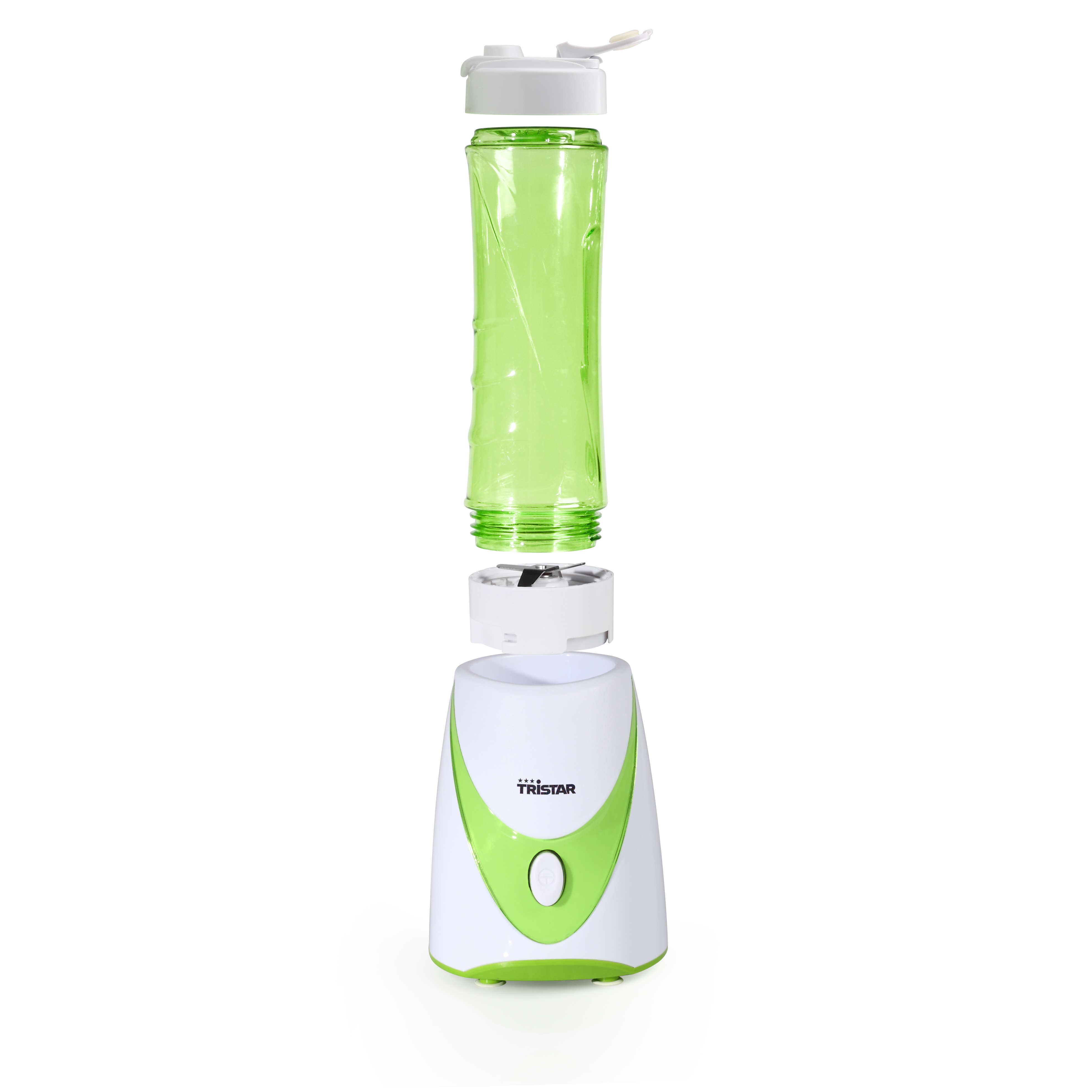 Un frullatore smontato verde e bianco con una bottiglia verde, lama e base, su sfondo bianco.