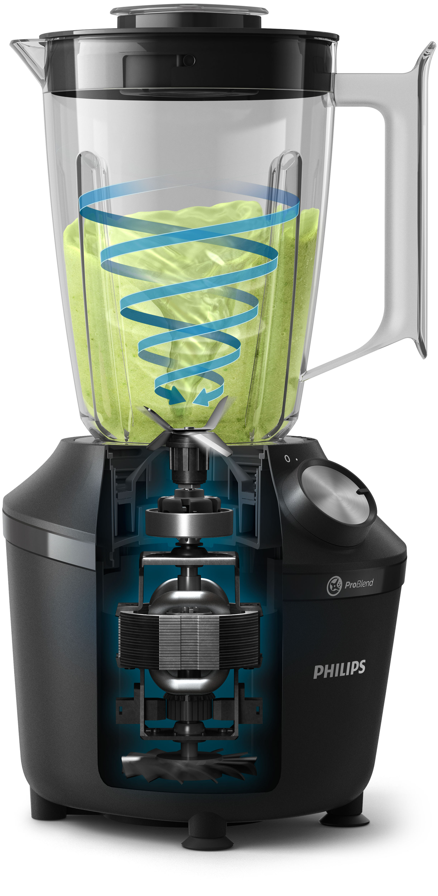 Blender showing internal components and a swirl of blended green contents.