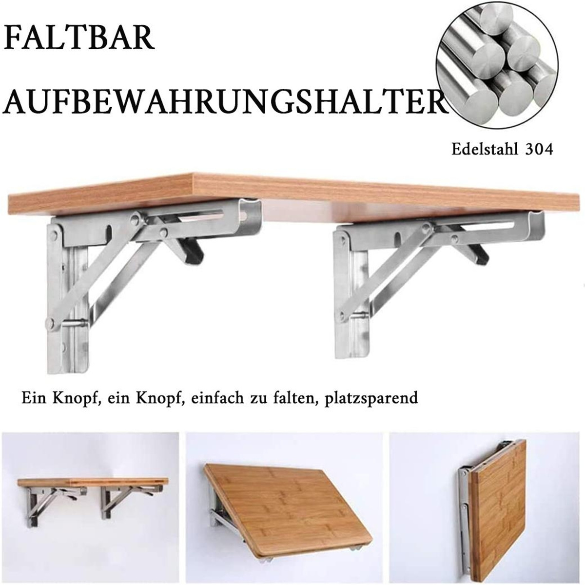 Ein an der Wand befestigtes, zusammenklappbares Regal mit Text auf Deutsch und Beispielen, wie es gefaltet wird.