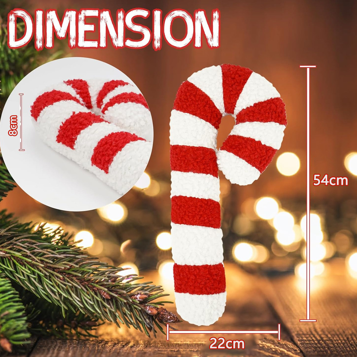 Eine zuckerstangenförmige Weihnachtsdekoration, rot und weiß gestreift, mit Maßen.