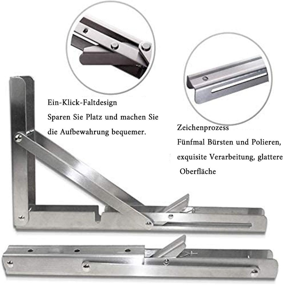 Klappbare Metall-Regalhalterungen mit Text und Diagrammen.