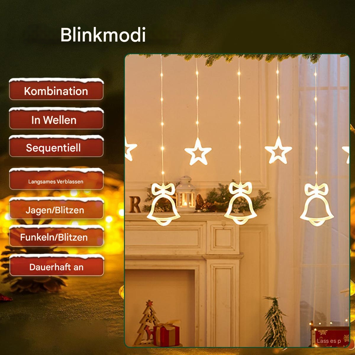 Weihnachtsbeleuchtung in einem Raum. Es gibt stern- und glockenförmige Lichter und einen Kamin.