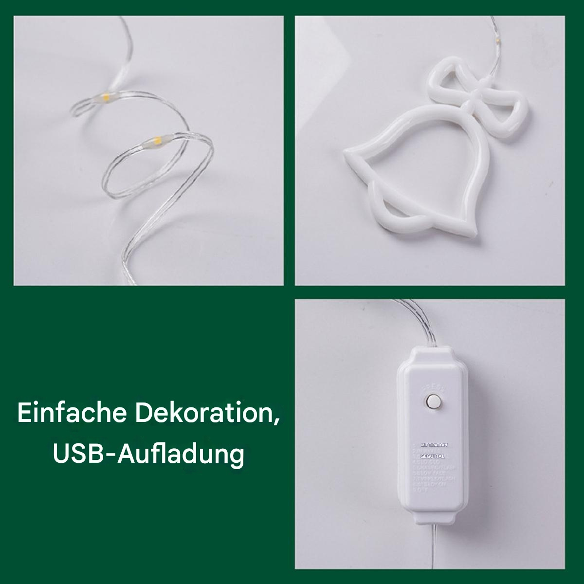 Weihnachtsbeleuchtung mit Glockenform und Steuerbox. Text: Einfache Dekoration, USB-Aufladung.