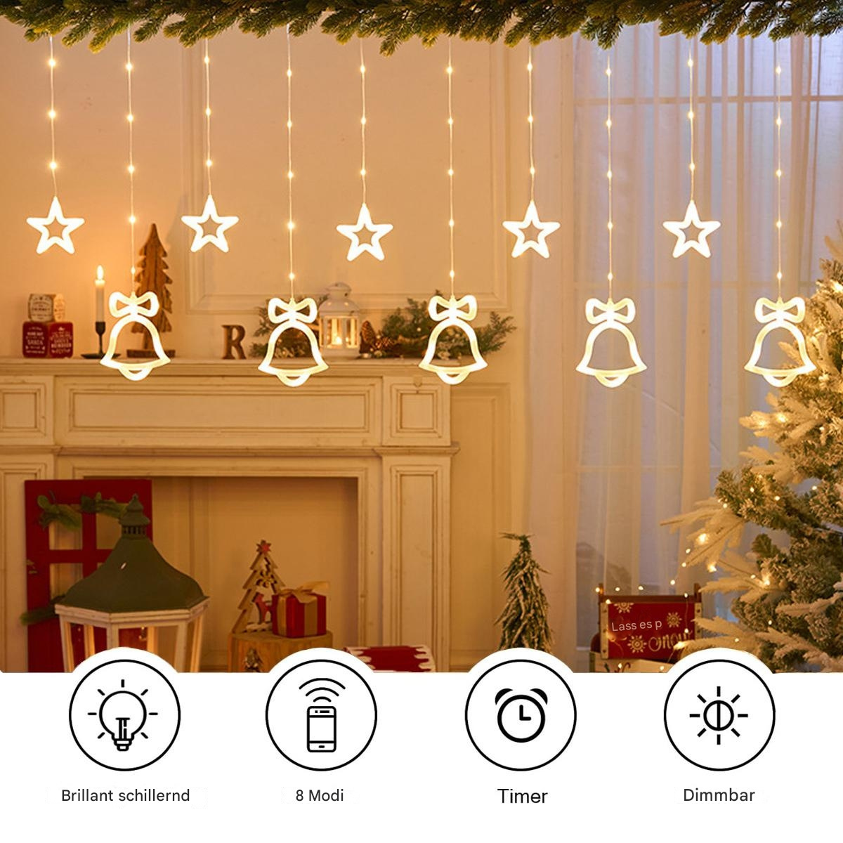 Weihnachtsbeleuchtung mit Sternen, Glocken und Symbolen für Modi und Timer.