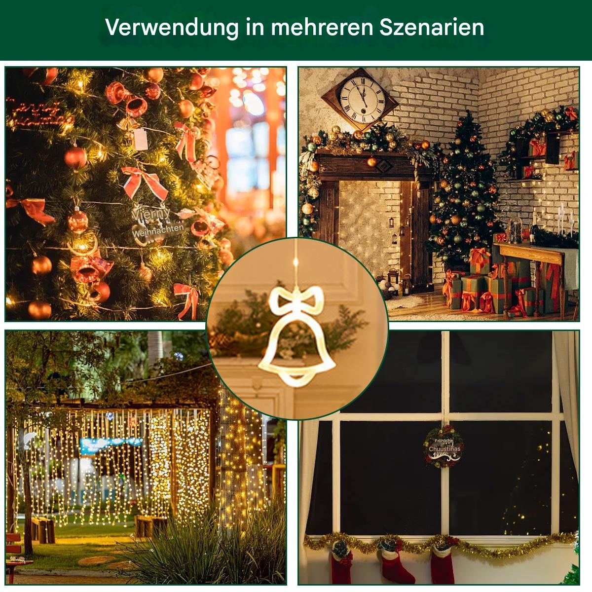 Mehrere Fotos, die Weihnachtsdekorationen in verschiedenen Umgebungen mit Weihnachtsbeleuchtung zeigen.