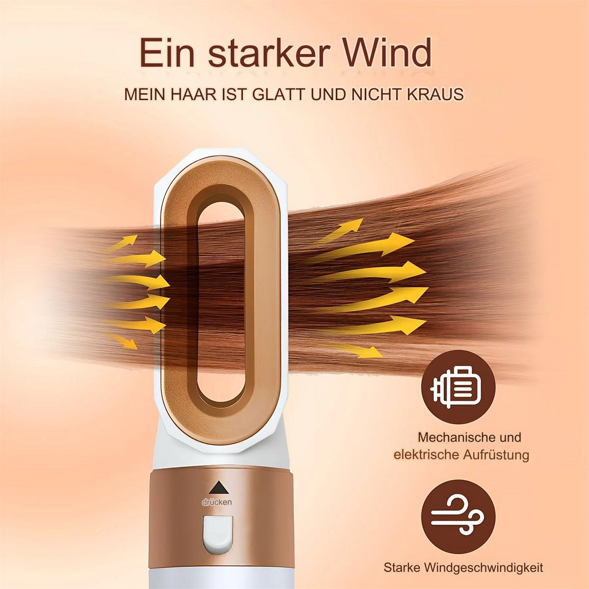 Haartrockner mit Text über starken Wind und glattes Haar, sowie Symbole auf braunem Hintergrund.