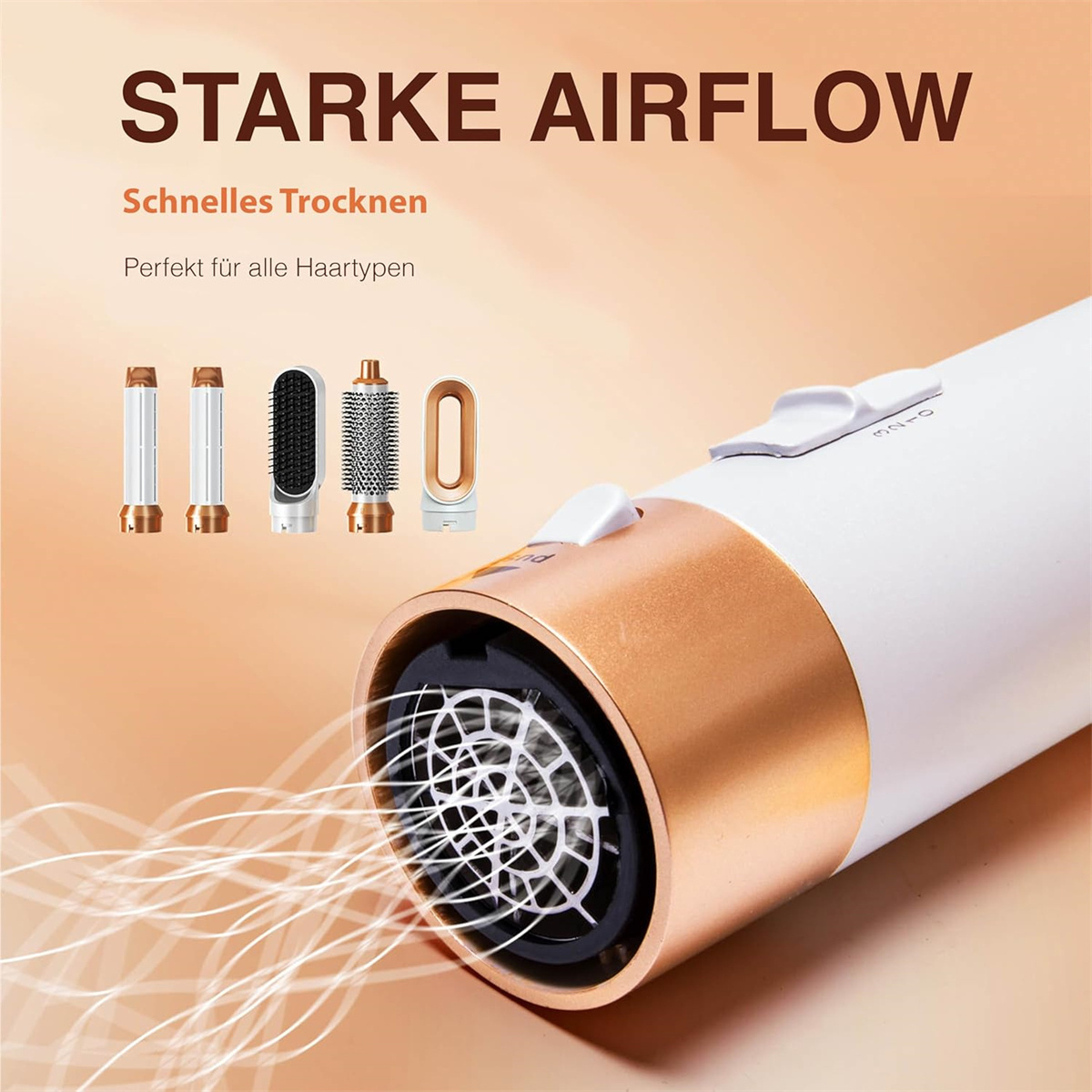 Haarstyling-Tool mit verschiedenen Aufsätzen, das einen starken Luftstrom zeigt.