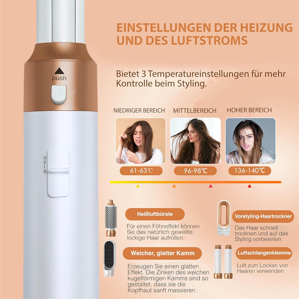 Haarstylingprodukt mit Temperatureinstellungen. Enthält Bilder von Frauen mit verschiedenen Frisuren und Aufsätzen.