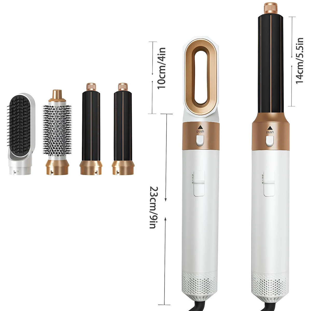 Haarstyling-Tools mit Maßen. Enthält eine Bürste, zwei Lockenstäbe und einen Haartrockner.