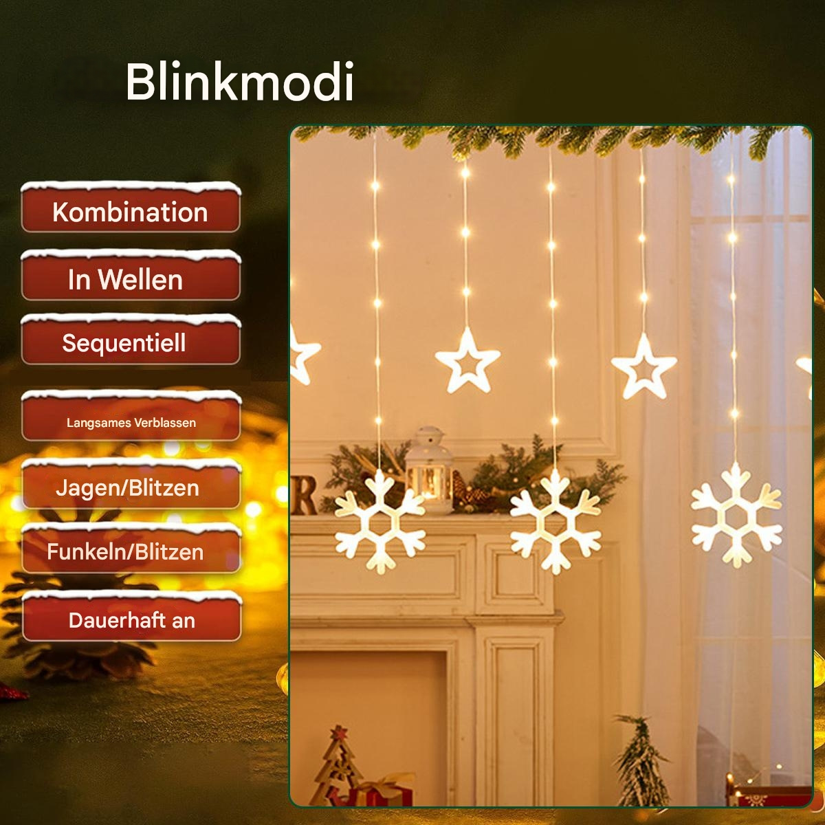 Weihnachtsbeleuchtung mit Schneeflocken- und Sternformen. Text links.