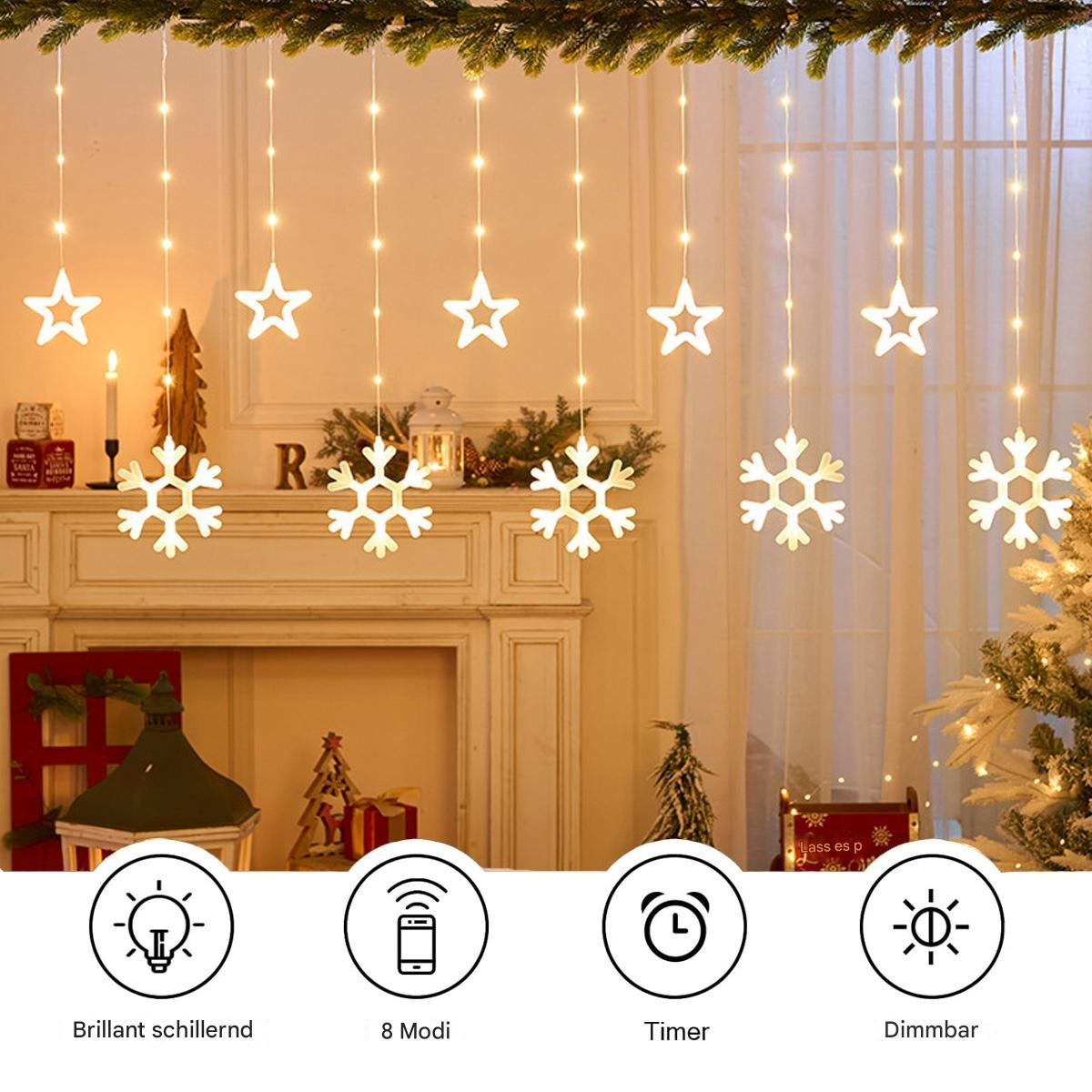 Weihnachtsbeleuchtung mit Stern- und Schneeflocken-Dekorationen.