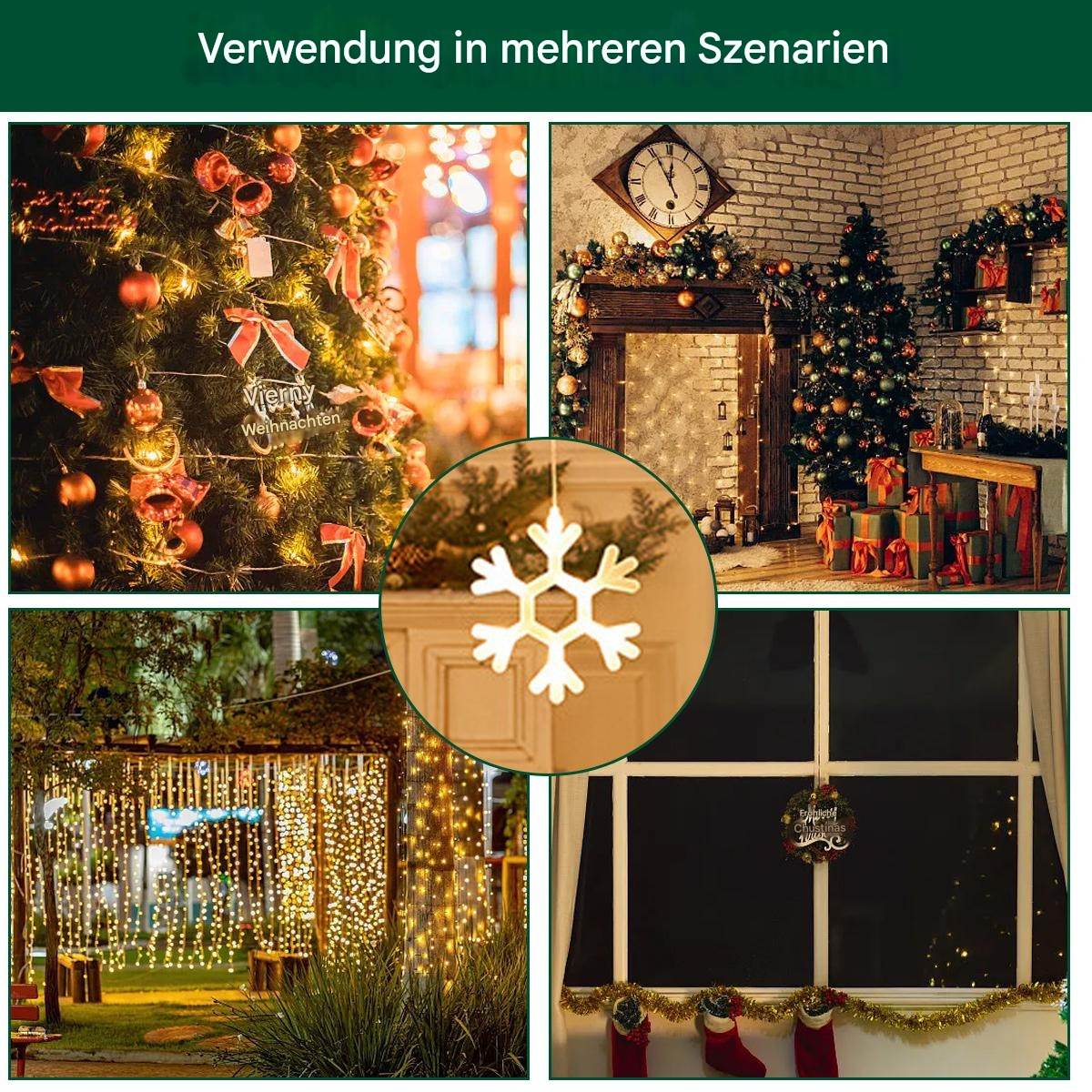 Eine Collage von Weihnachtsszenen mit Lichtern und Dekorationen, darunter Bäume, Kränze und Strümpfe.