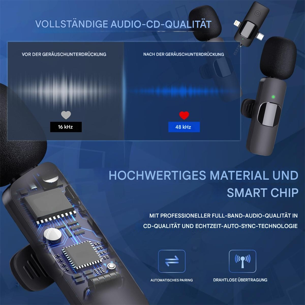 Diagramm mit Audiofrequenzen, Herzsymbol und Text, mit einem Mikrofon.