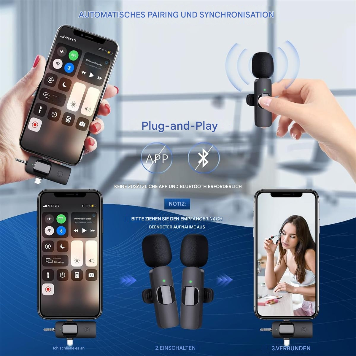 Kabellose Mikrofone neben Handys. App- und Bluetooth-Symbole. Eine Person hält ein Mikrofon.