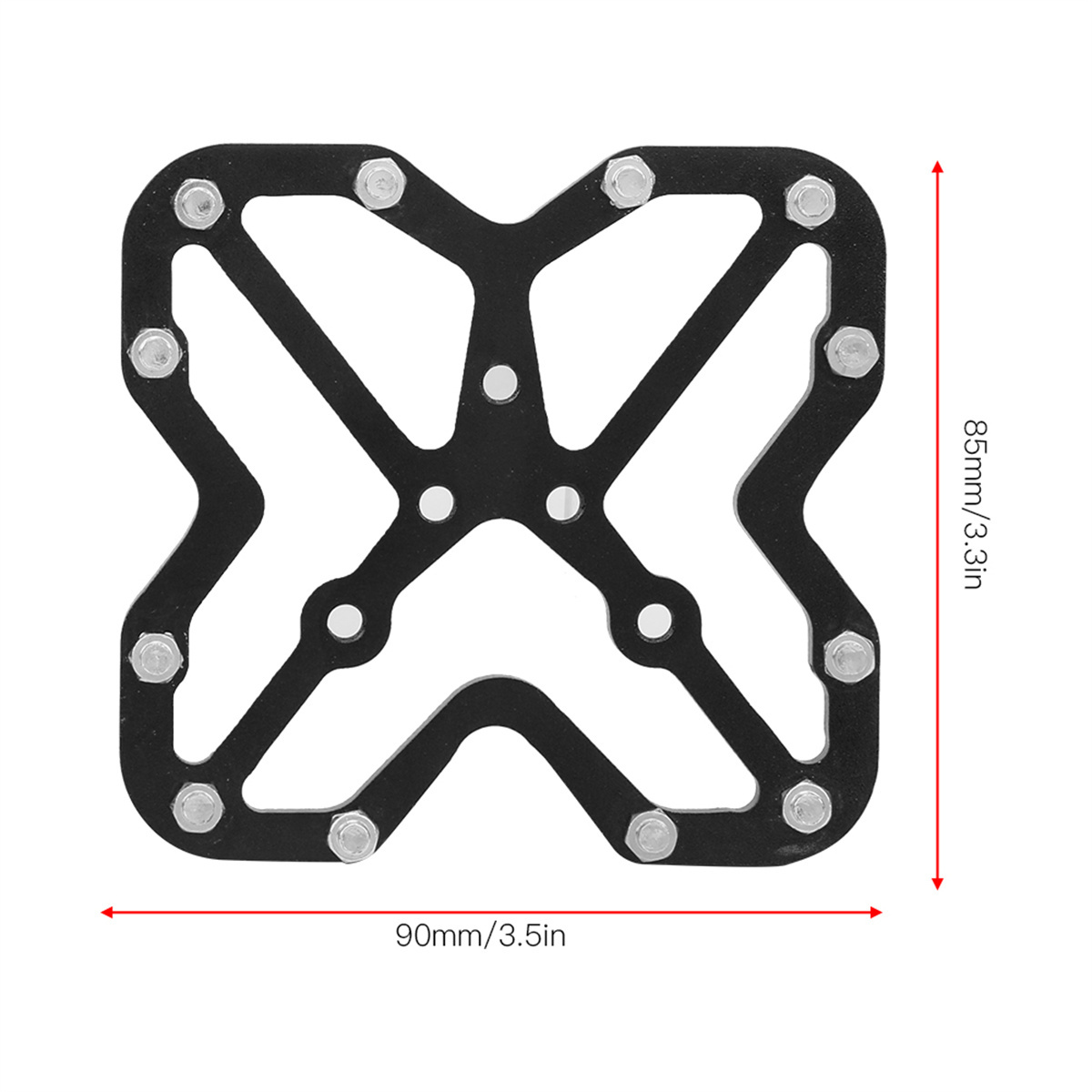 Schwarzes Metall-Fußpedal mit Löchern und Schrauben. Abmessungen sind angegeben: 90x85mm.