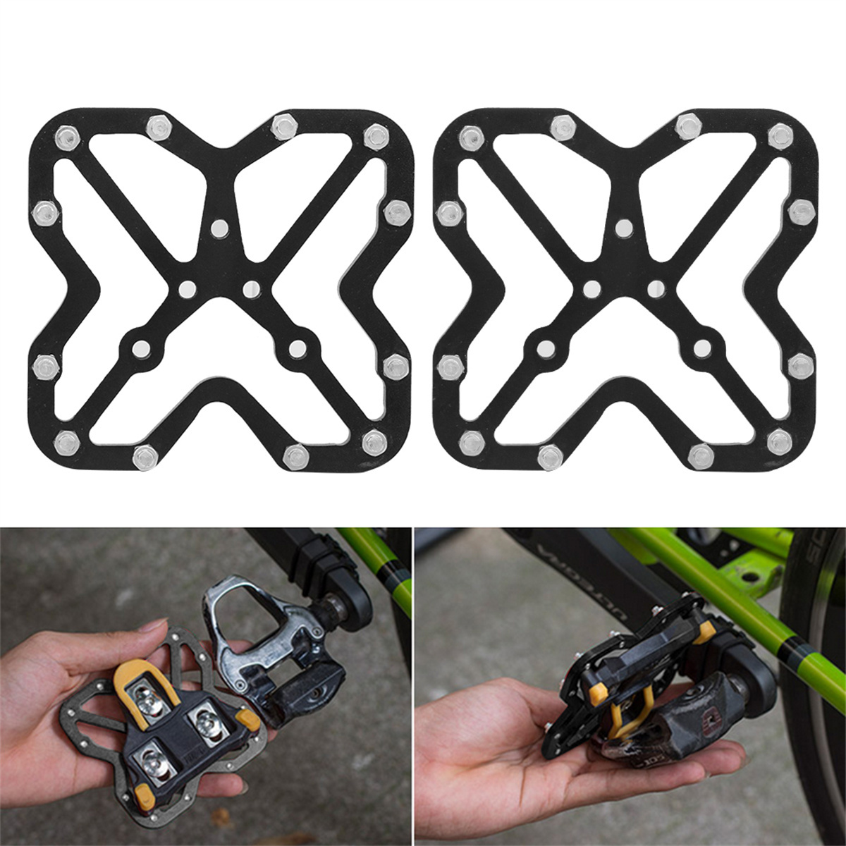 Zwei Paar schwarze Fahrradpedale. Ein Paar ist an einem Fahrrad montiert, das andere nicht.