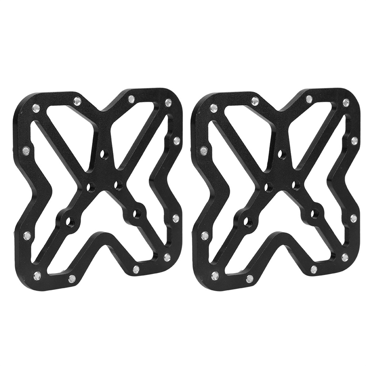 Zwei schwarze Fahrradpedale mit X-förmigem Design, mit silbernen Schrauben.