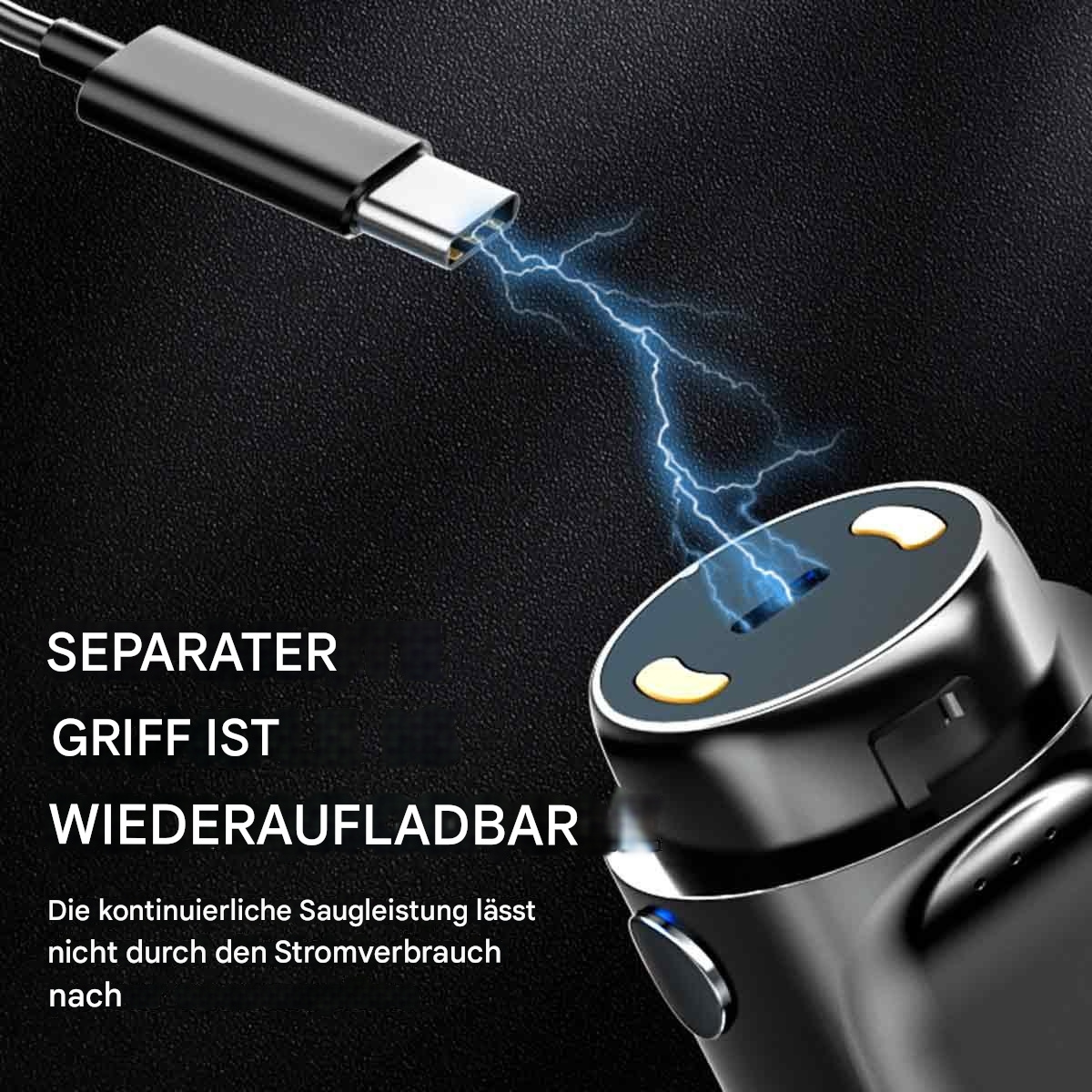 Ein Ladekabel mit Lichteffekt, verbunden mit einem schwarzen Gerät mit dem Text 'Wiederaufladbar'.