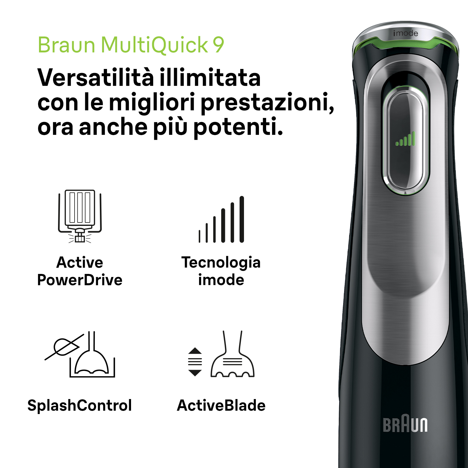 Imagen de una batidora de mano e iconos, texto en italiano, una marca Braun.