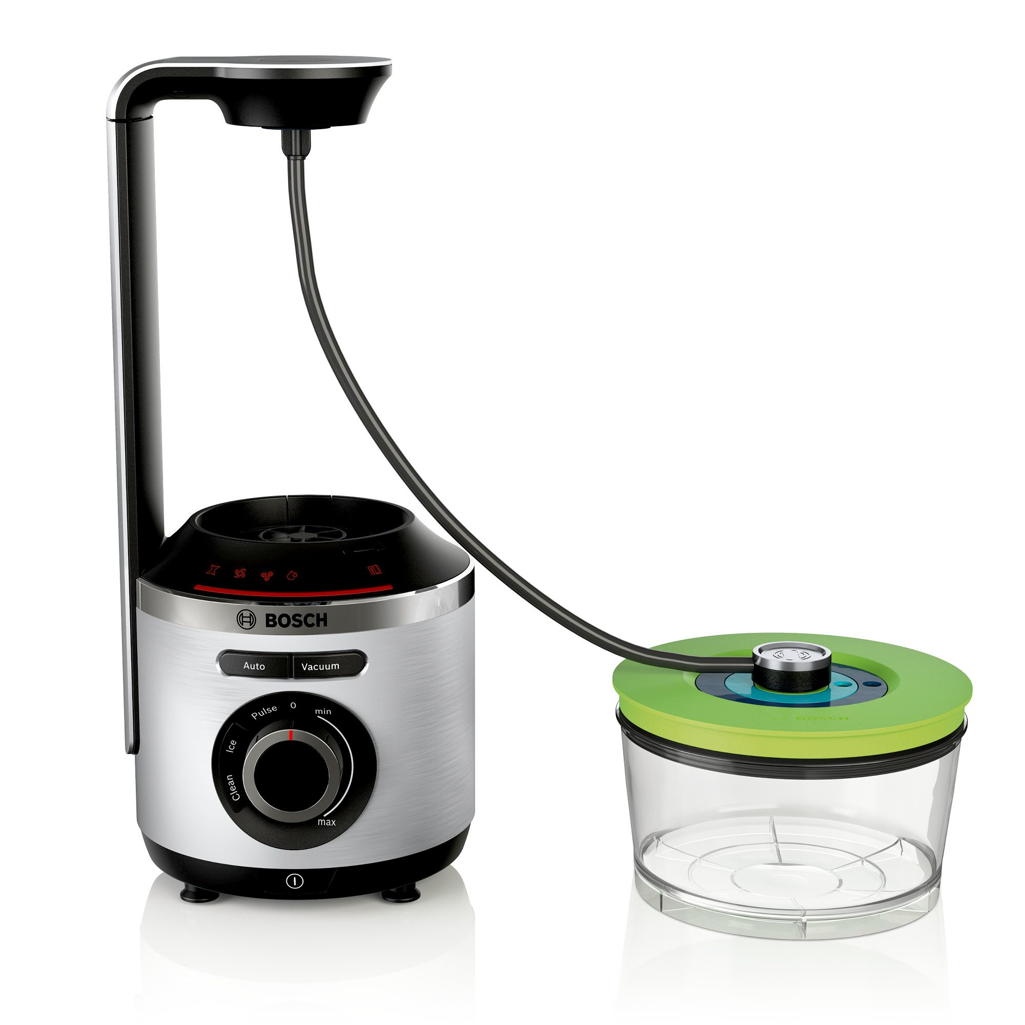 Un sistema de sellado al vacío Bosch con base plateada y tapa verde.