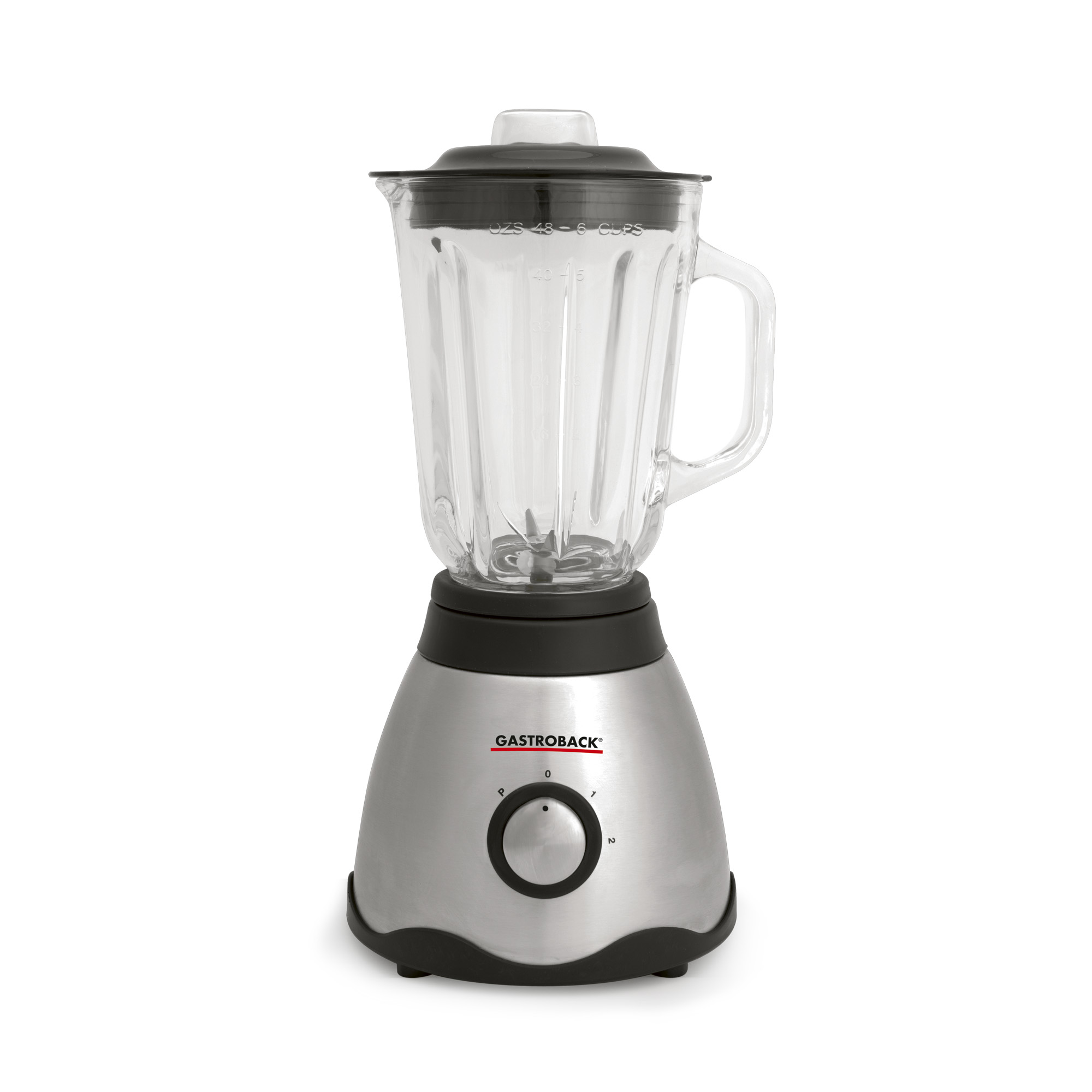 Silberner und schwarzer Mixer mit einem Glasbehälter. Der Markenname ist Gastroback.