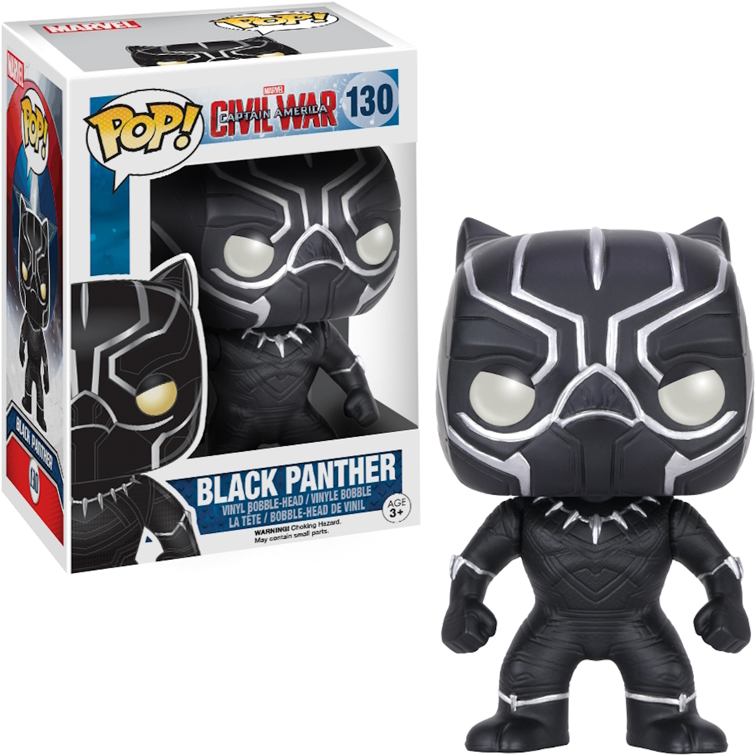 Figurka Funko Pop Black Panther w pudełku, w czarnym kostiumie ze srebrnymi akcentami.