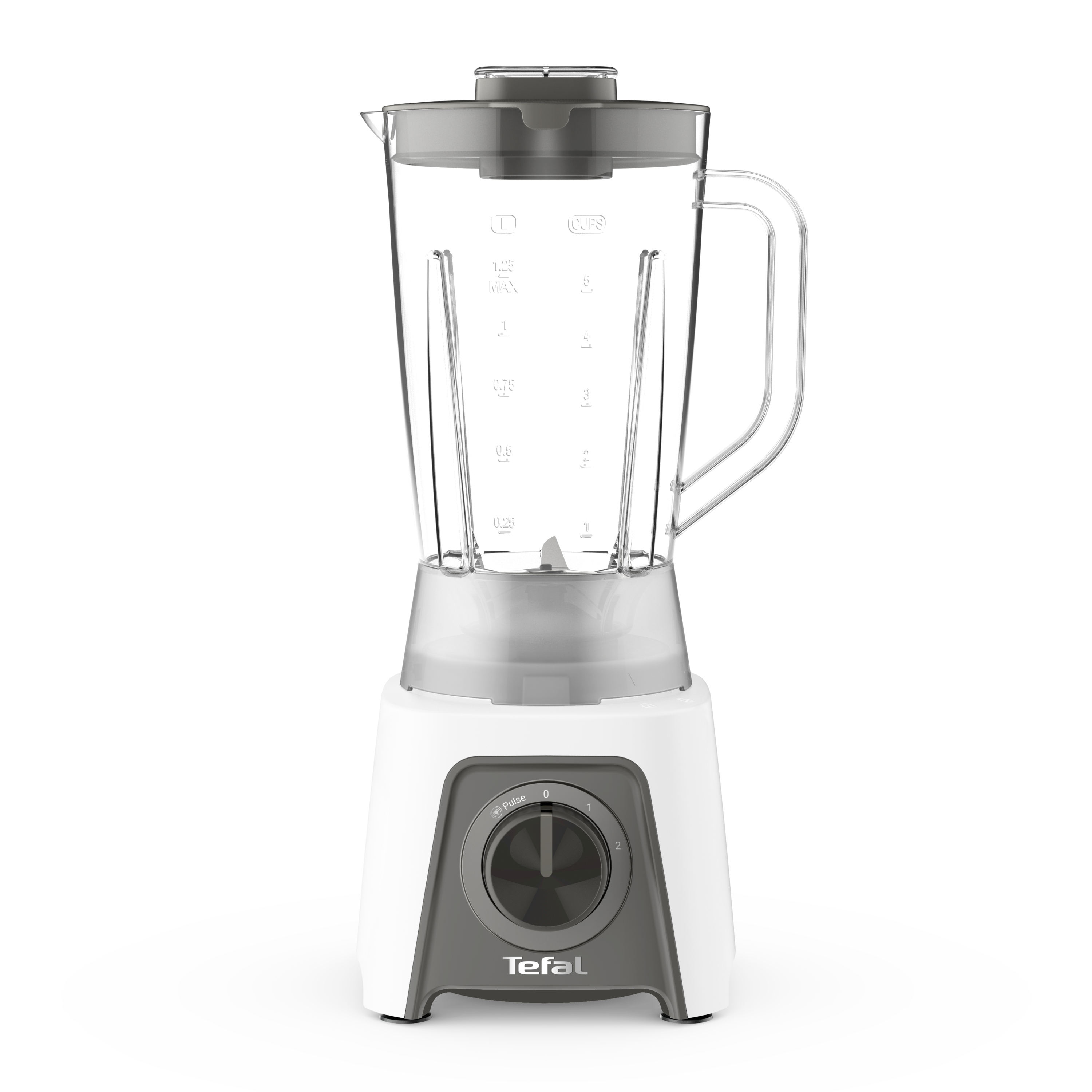 Una licuadora blanca y gris con una jarra transparente. La base tiene un dial y la marca TeFal.