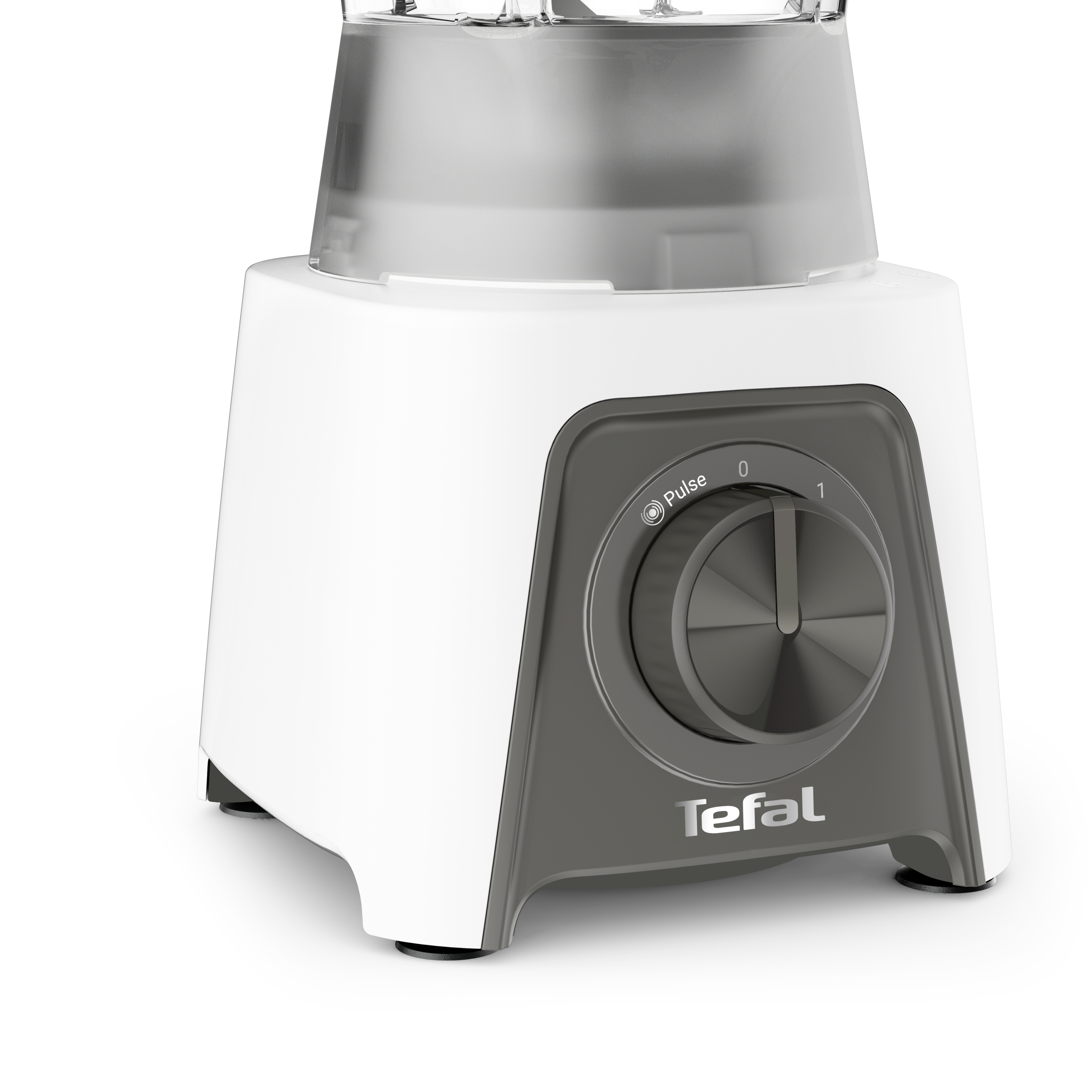 Una licuadora Tefal blanca y gris, que muestra el dial de control y la taza.