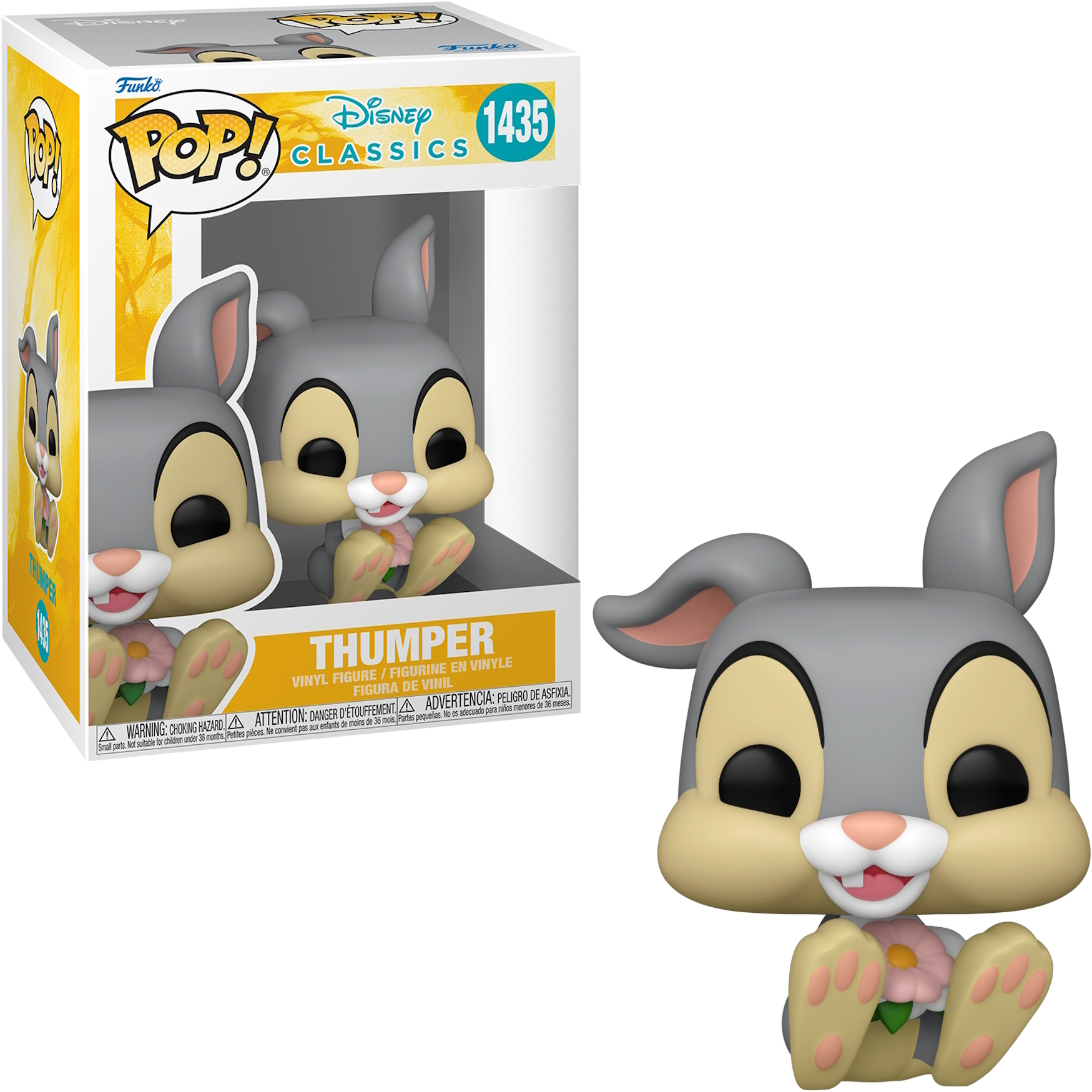 Figurka Funko Pop Królika Thumpera z kwiatkiem w pudełku.