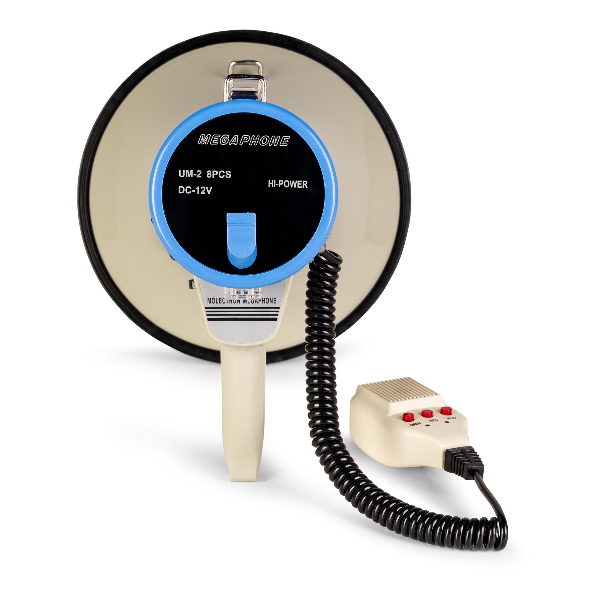 Megfoon, blauw en wit, met microfoon. Leest: HI-POWER, UM-2 8PCS, DC-12V, MOLEIRON MEGAPPHONE.