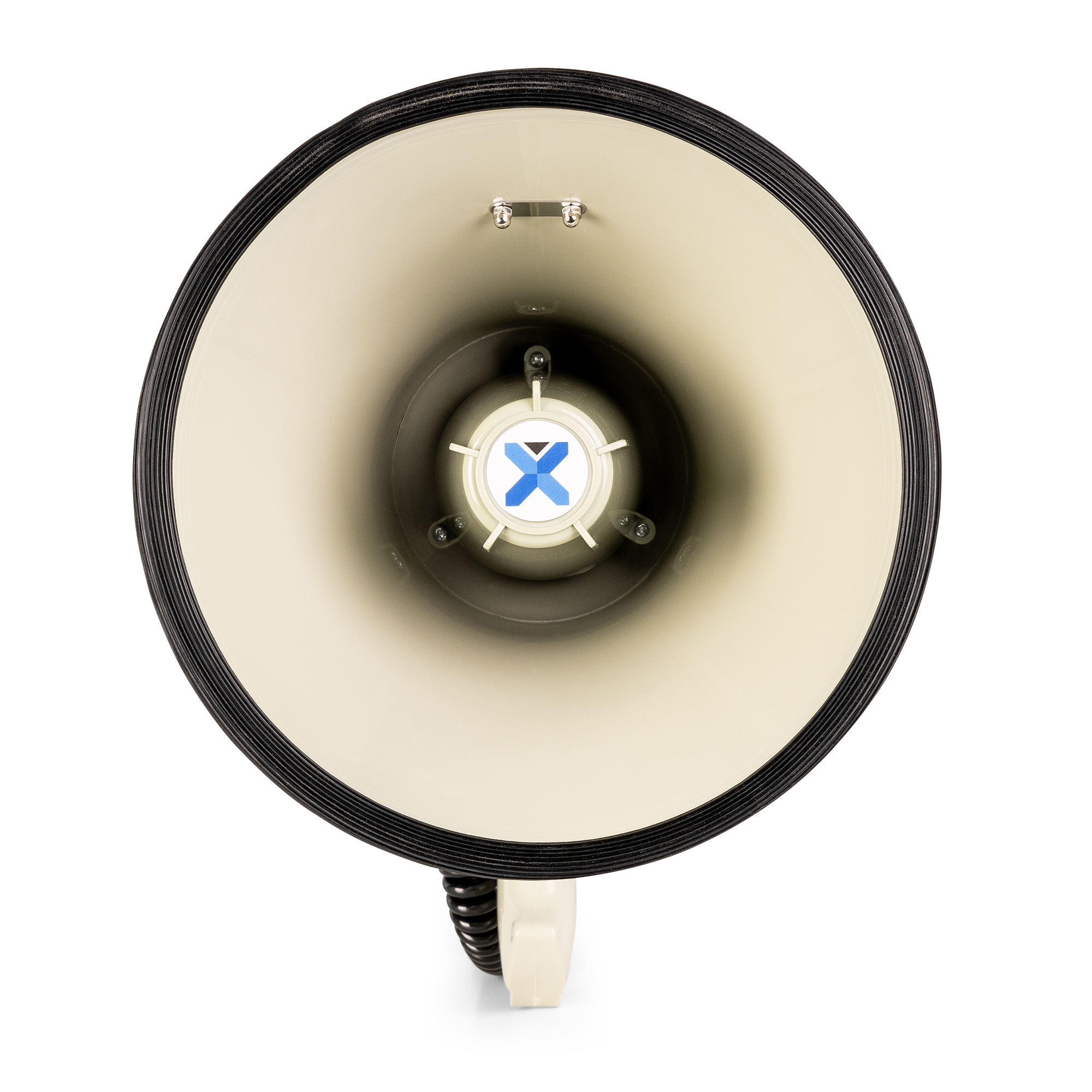 Megafoon, bovenaanzicht. Wit en zwart, blauw X-logo. Witte achtergrond.