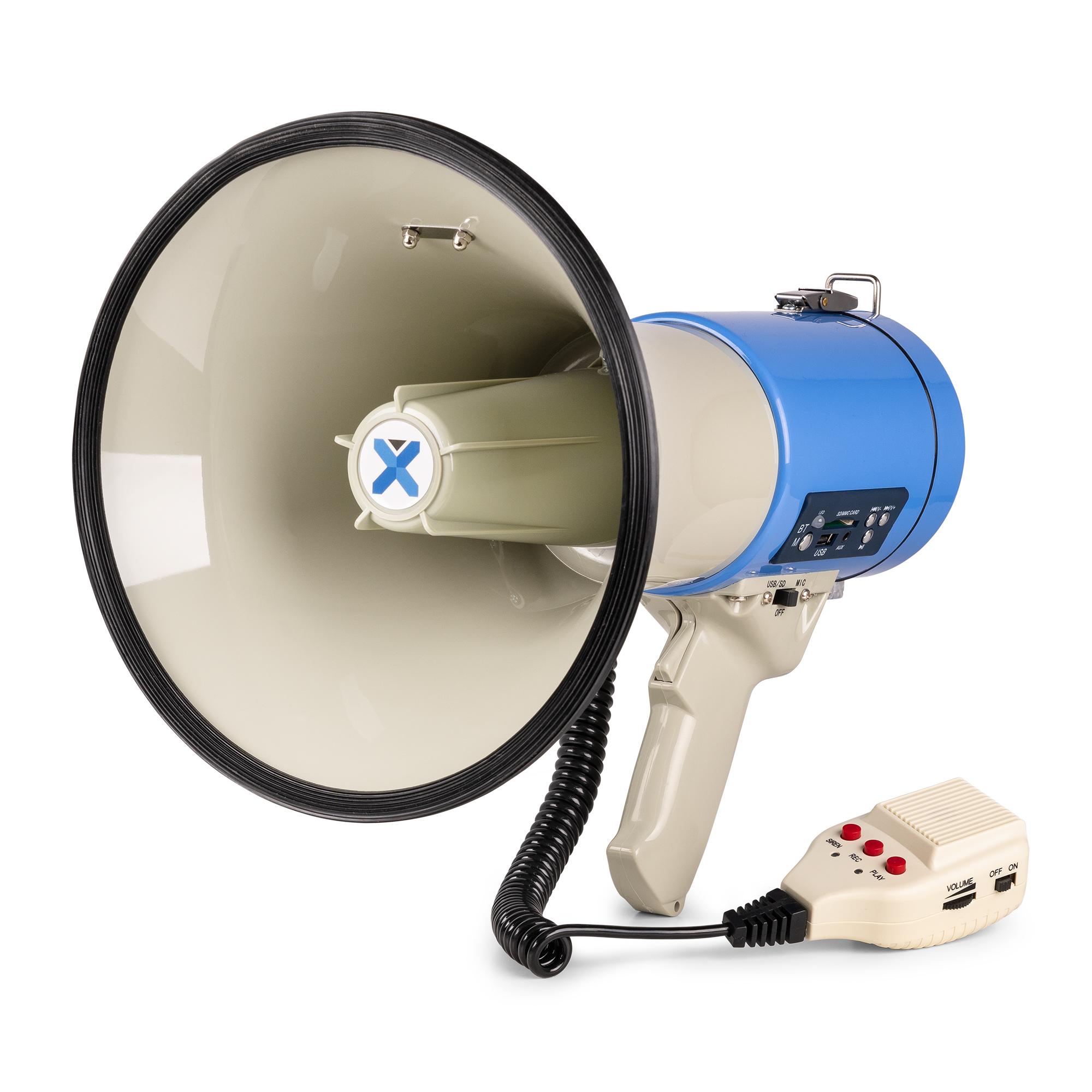 Een blauw en witte megafoon met een microfoon, op een witte achtergrond.