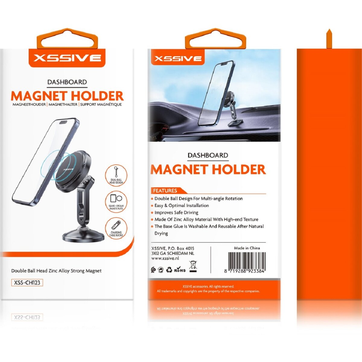 Armaturenbrett-Magnet-Halterung für ein Telefon. Orange Verpackung mit Produktdetails und Funktionen.