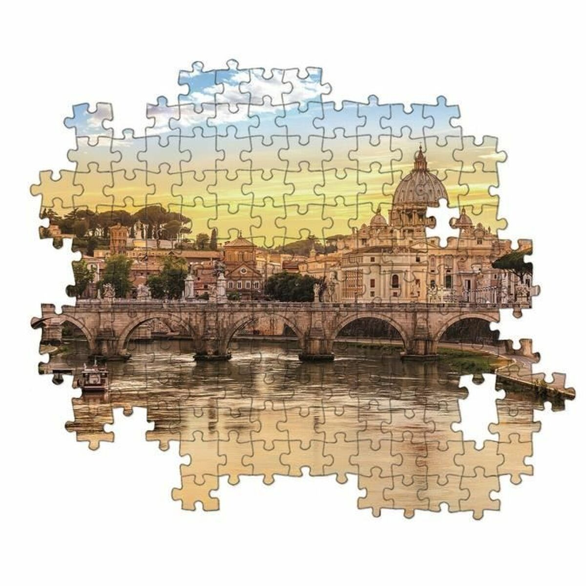 A puzzle image of a bridge over a river, with a city and a large domed building.