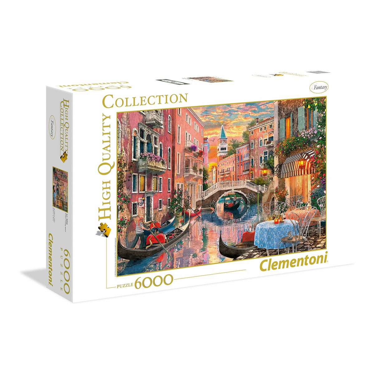 Scatola di puzzle con scena del canale di Venezia. Sono visibili gondole, ponte, edifici e un ristorante con tavoli.