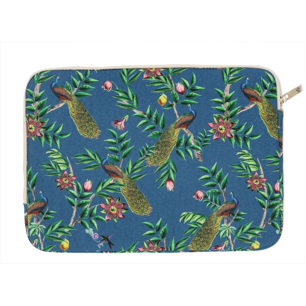 Eine blaue Laptop-Hülle mit Pfauenmuster, mit Pfauen und Blättern.