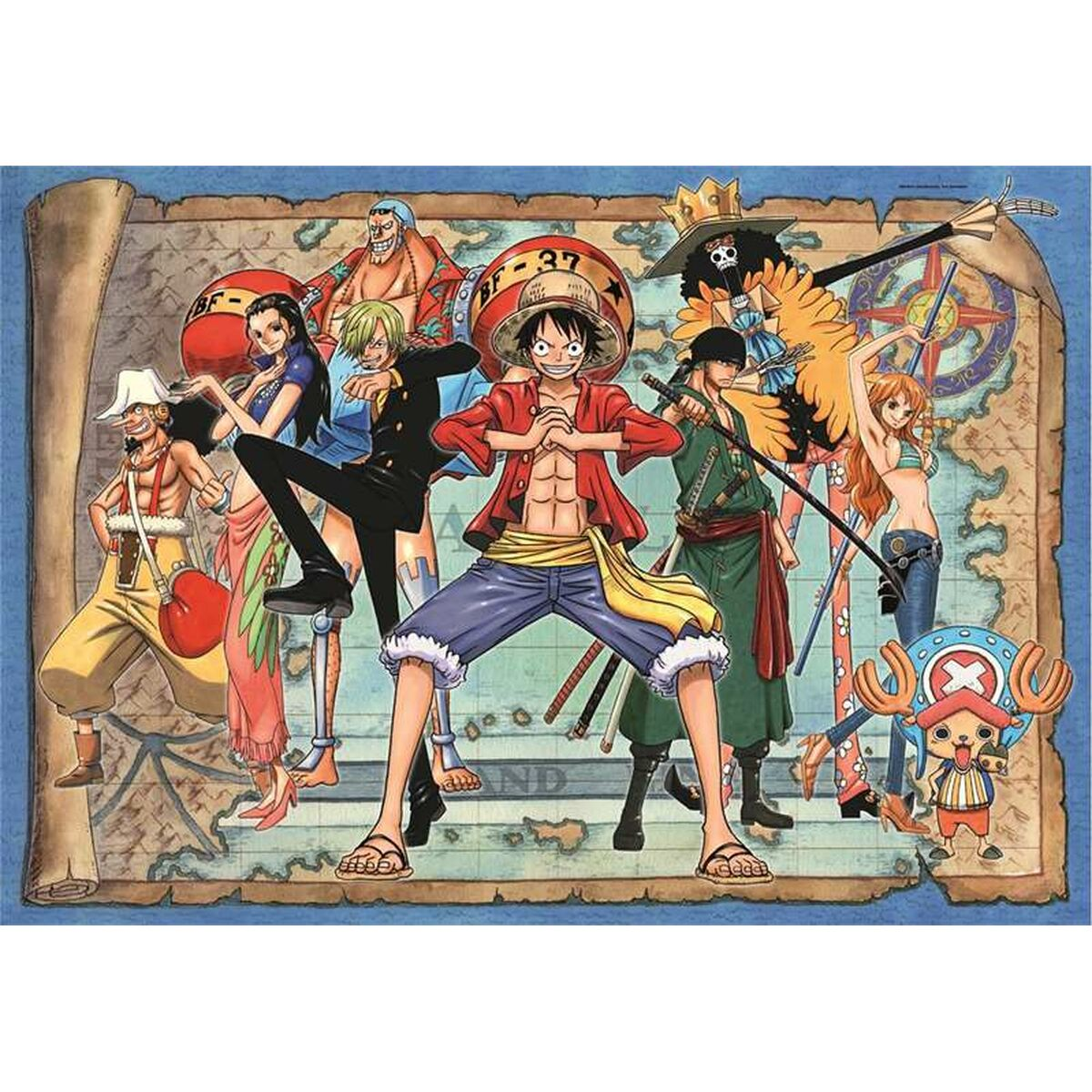 Puzzle przedstawiające postacie z anime One Piece. Postacie znajdują się na mapie.