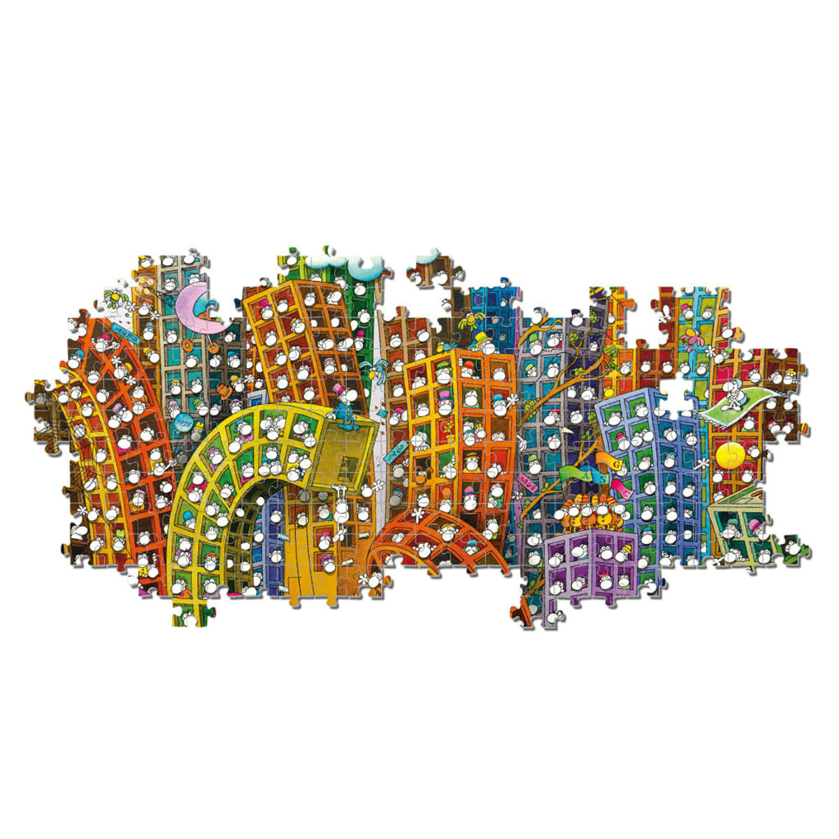 Ein farbenfrohes Puzzle einer Stadt mit Gebäuden. Gebäude haben Fenster mit Gesichtern. Einige Gebäude sind orange, blau, grün und lila.