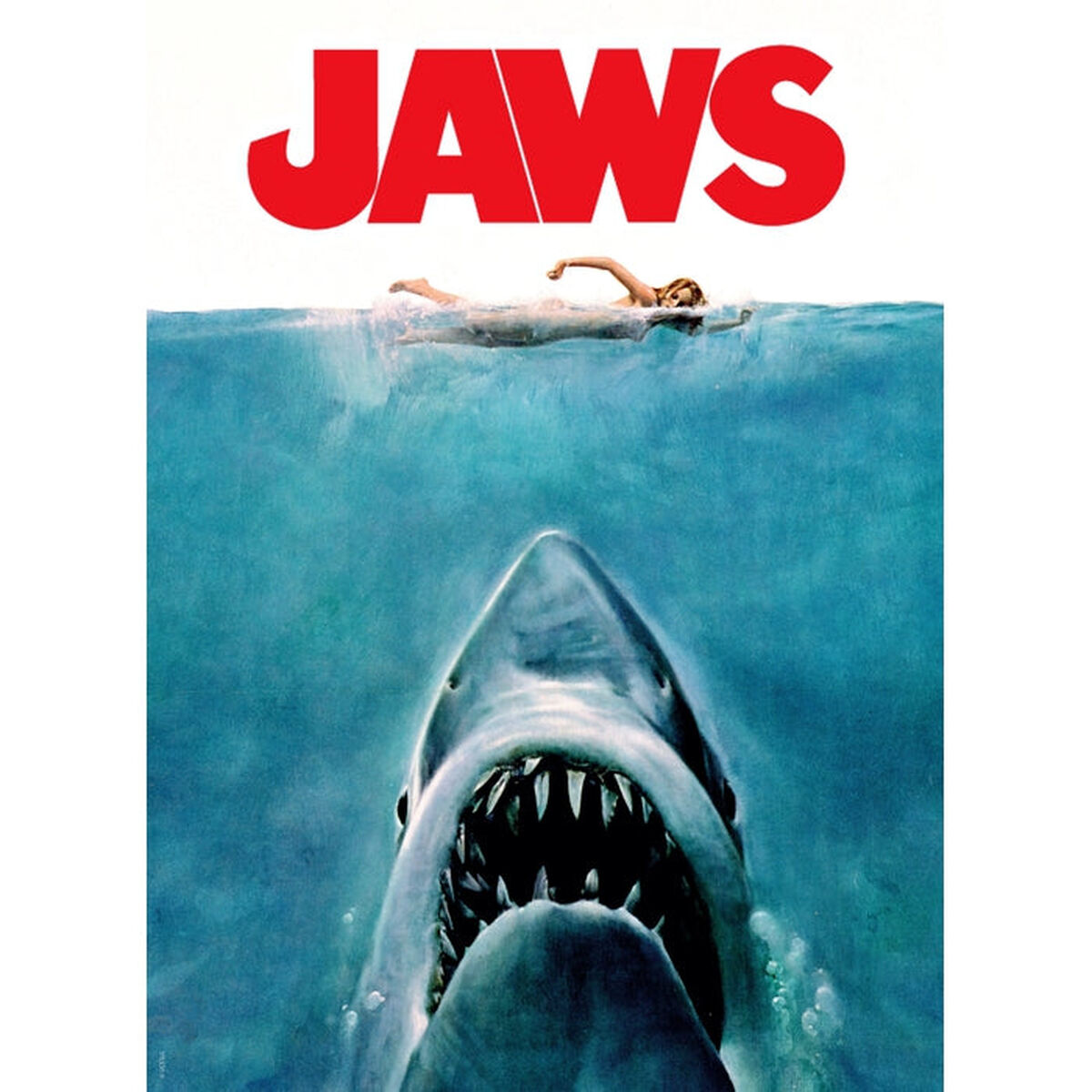 Plakat filmowy do filmu 'JAWS'. Rekin z otwartą paszczą w wodzie, pływak nad nim.